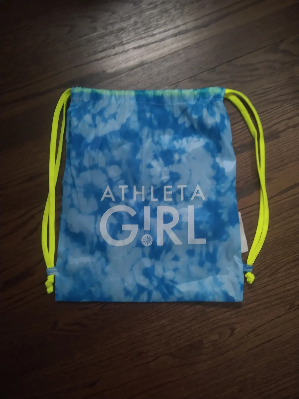 Athleta Girl Blue Tie-Dye Drawstring Bag with Neon Yellow Cords